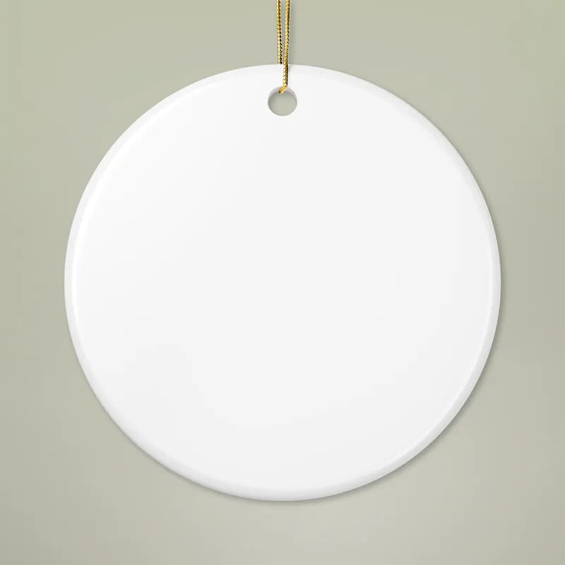 The round ceramic ornament with its gold cord (shown blank, your photo prints on the front)