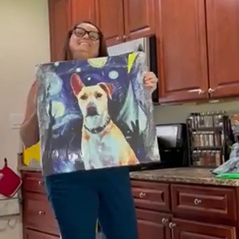 A Your Dog is Art customer holding her Starry Night canvas of Georgina, her dog